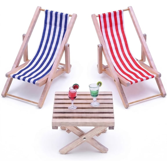 1:12 Scale Mini Beach Scene Diorama Set, Foldable Wooden Deck Chair Table Model with Fake Drinks, Action Figure Photo Props Collectibles, 5 Pack