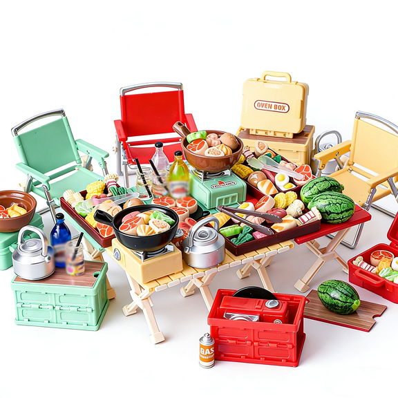 1/12 Scale Mini Camping Picnic Table Model Set, Miniature Chair, Foldable Outdoor Furniture with Food Props for Adult Dioramas, Diorama Prop