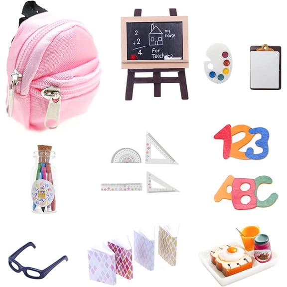 1:12 Scale Mini House Decoration Accessories Miniature Office Supplies Includes Miniature Fast Food Mini Backpack Glasses Blackboard Books Paper Clipboard Pencil Rule Miniature Accessories