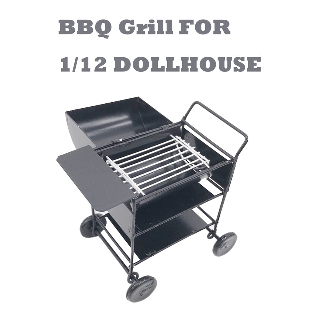 1/12 Scale Miniature BBQ Grill, Metal Dollhouse Barbecue Cart with Wheels, Realistic Outdoor Grill Furniture for Dollhouse Kitchen, Patio, Garden Decor, Black