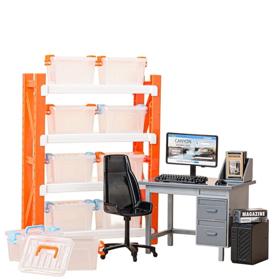 1/12 Scale Miniature Dollhouse Accessory Model Set, Gift for Enthusiast (Grey Computer Desk and Chair + Orange and White Shelving Unit + 10 Storage Boxes)