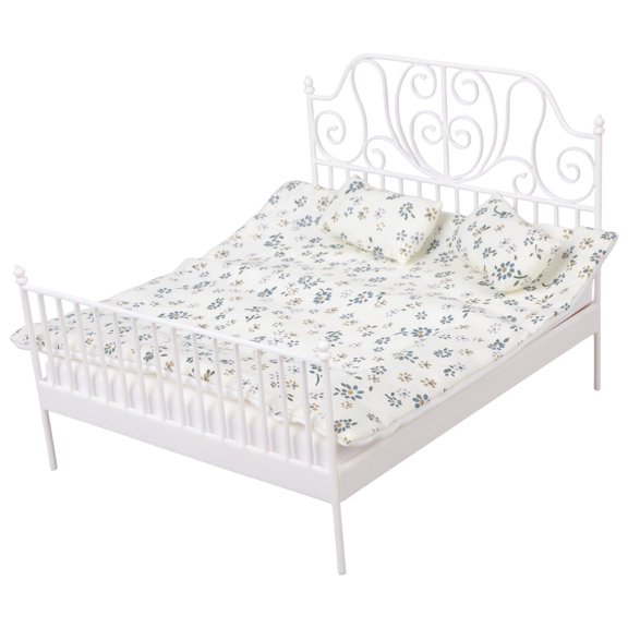 1/12 Scale Miniature Double Bed Bed with Detachable Bedding Dollhouses Model Scene Props Craft Project Decoration