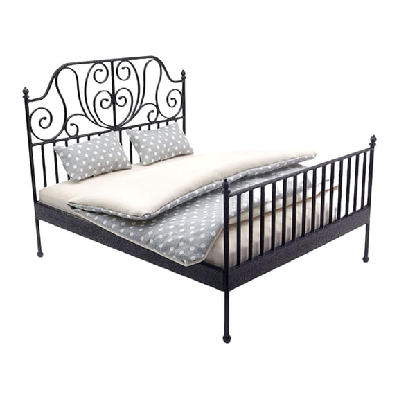 1/12 Scale Miniature Double Bed Bed with Detachable Bedding Dollhouses Model Scene Props Craft Project Decoration