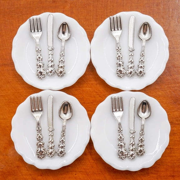 1/12 Scale Miniature Plates and Cutlery Set  4 Porcelain Dishes + 12 Metal Silverware Pieces, Dollhouse Kitchen Dining Accessories in Storage Box