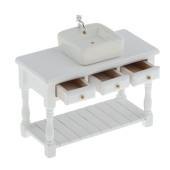 1/12 Scale Miniature Wash Basin & Cabinet Set for Dollhouse Bathroom Scenery