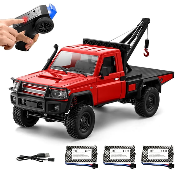 1:12 Scale Off-Road RC Tow Truck, 2.4GHz 4WD Pickup Remote Control Rock Crawler with Functional Towing and LED Lights for Adults