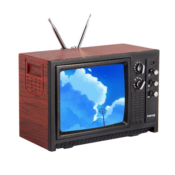 1/12 Scale Vintage TV Miniature for Dollhouse, Retro Wood & Red Plastic Mini Television Set Furniture Accessory, 2" L
