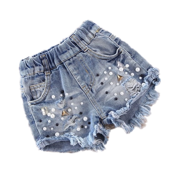 1-12 Years Girls' Denim Shorts Retro Nostalgic Hole Pearl Children's Jeans Shorts