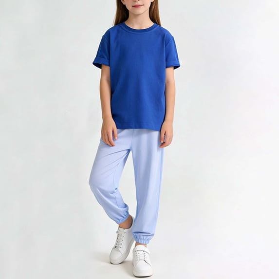 1-12Y Kids Solid Color Crew Neck Short Sleeve Top & Elastic Waist Mosquito Repellent Pants Set Black 7-8 Years