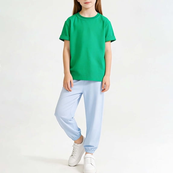 1-12Y Kids Solid Color Crew Neck Short Sleeve Top & Elastic Waist Mosquito Repellent Pants Set Orange 9-10 Years