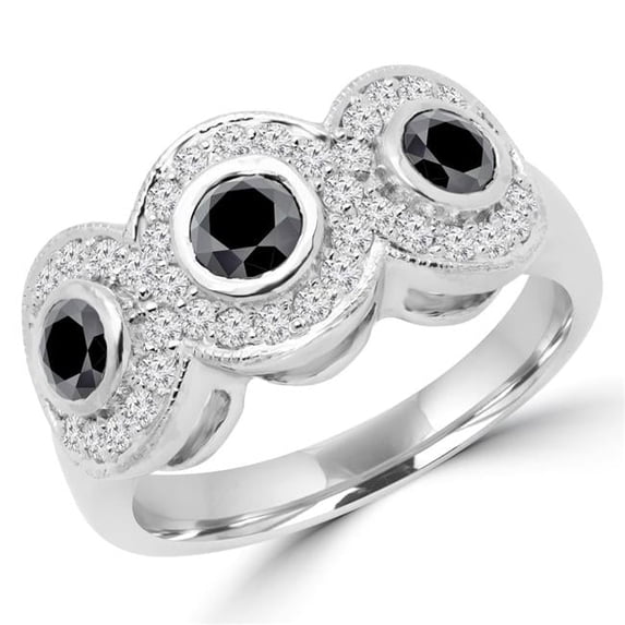 1.13 CTW Round Black Diamond Halo Three-Stone Engagement Ring in 14K White Gold - Size 7.25