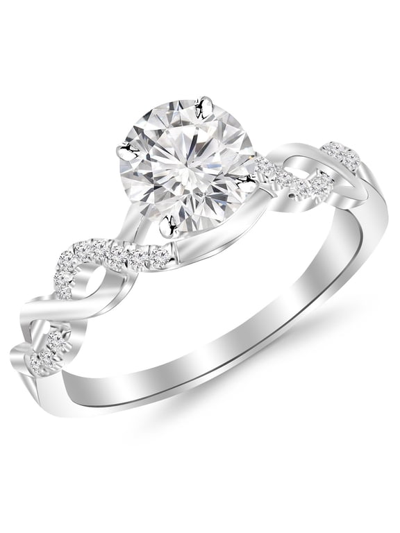 1.13 Carat 14K White Gold Twisting Infinity Gold and Diamond Split Shank Pave Set GIA Certified Round Cut Diamond Engagement Ring (1 Ct I Color VS2 Clarity Center Stone)