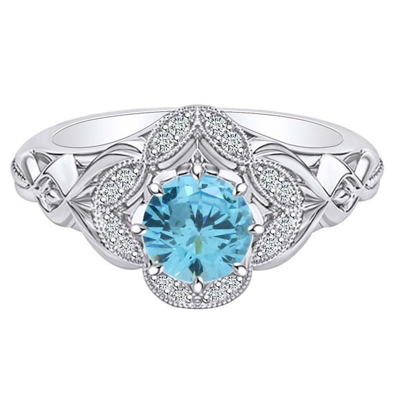 AFFY 1.13 Carat Round Shape Simulated Aquamarine & Natural Diamond Engagement Ring 14K Solid White Gold Ring Size-5.5