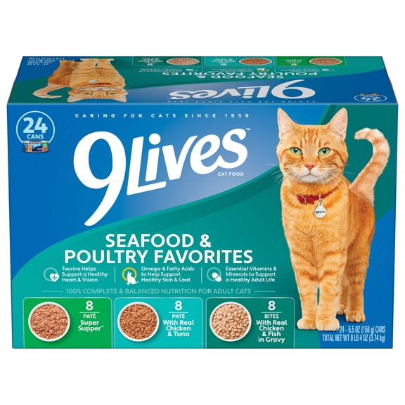9Lives Seafood & Poultry Favorites Wet Cat Food Variety pack, 5.5 oz. Cans (Pack of 24)