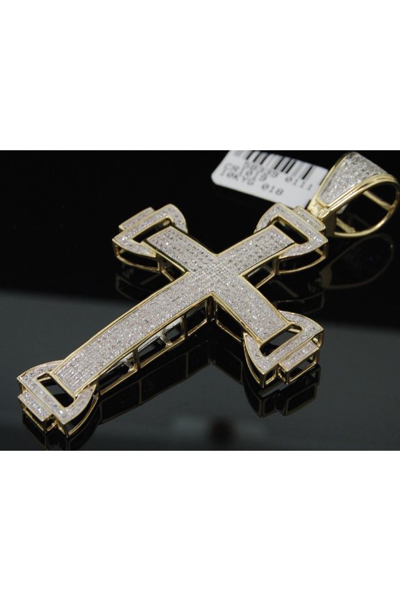 1.13C MENS YELLOW GOLD PAVE DIAMOND DOMED CROSS CHARM