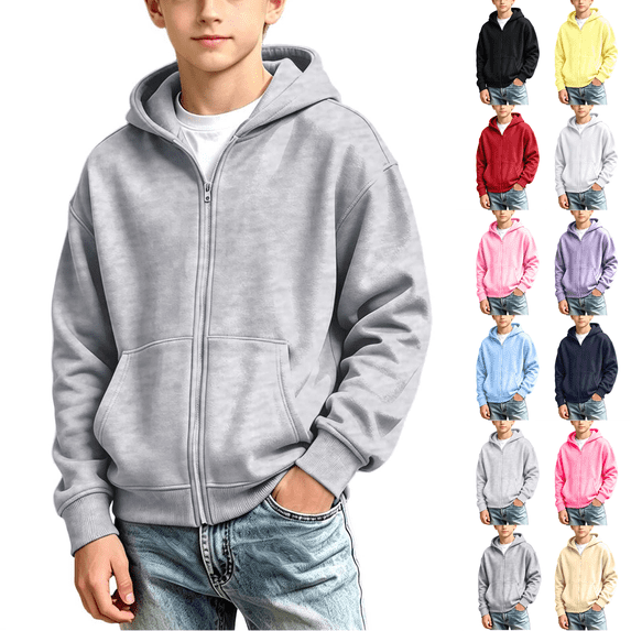 1-13Y Kids Zip Up Hoodies Solid Color Long Sleeve Hoodie Jacket for Boys and Girls Loose Comfy Casual Hooded Sweatshirt with Pocket