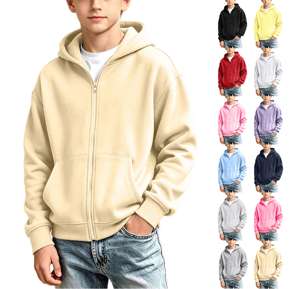 1-13Y Kids Zip Up Hoodies Solid Color Long Sleeve Hoodie Jacket for Boys and Girls Loose Comfy Casual Hooded Sweatshirt with Pocket