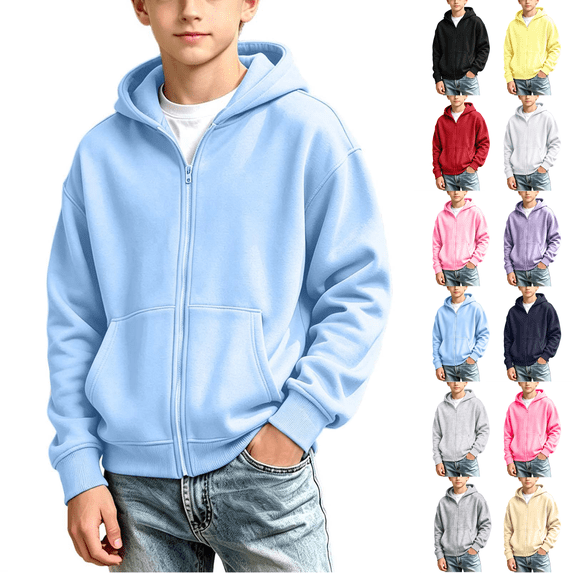 1-13Y Kids Zip Up Hoodies Solid Color Long Sleeve Hoodie Jacket for Boys and Girls Loose Comfy Casual Hooded Sweatshirt with Pocket