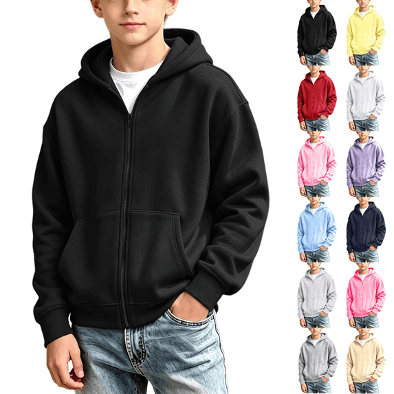 1-13Y Kids Zip Up Hoodies Solid Color Long Sleeve Hoodie Jacket for Boys and Girls Loose Comfy Casual Hooded Sweatshirt with Pocket