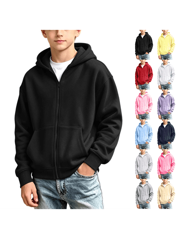 1-13Y Kids Zip Up Hoodies Solid Color Long Sleeve Hoodie Jacket for Boys and Girls Loose Comfy Casual Hooded Sweatshirt with Pocket