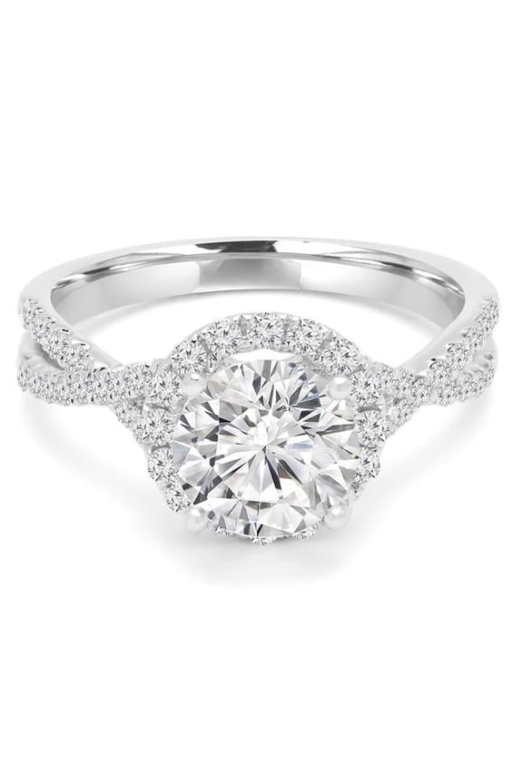 1.14 CTW Round Diamond 4-Prong Twisted Shank Halo Engagement Ring in 14K White Gold - Size 4