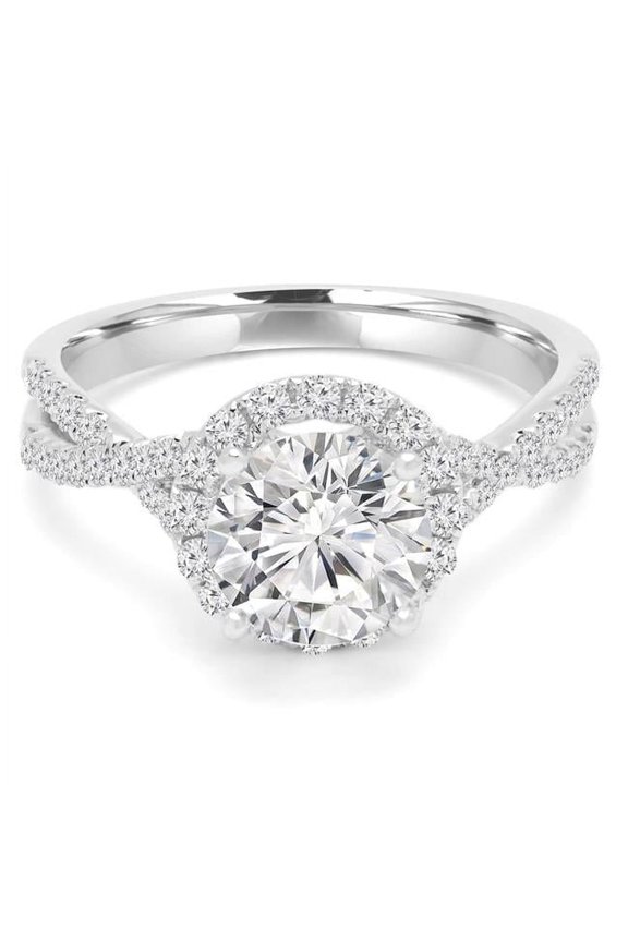 1.14 CTW Round Diamond 4-Prong Twisted Shank Halo Engagement Ring in 14K White Gold - Size 8