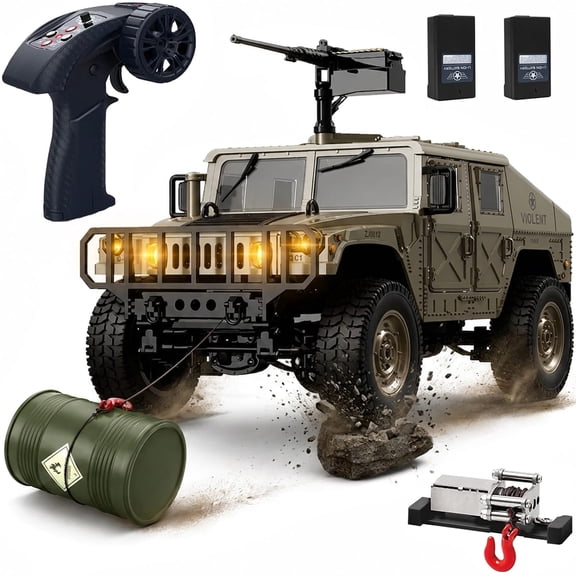 1:14 Scale 4WD RC Crawler Military Truck with Winch & LED Lights, 2 Batteries 80+ Min Play, 2.4GHz All-Terrain Off-Road Remote Control Car RTR Hobby Toy Gift for Boys Adults