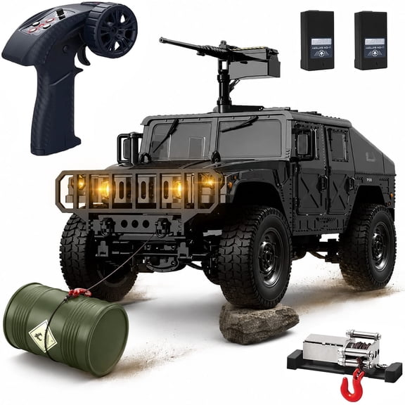 1:14 Scale 4WD RC Crawler Military Truck with Winch & LED Lights, 2 Batteries 80+ Min Play, 2.4GHz All-Terrain Off-Road Remote Control Car RTR Hobby Toy Gift for Boys Adults
