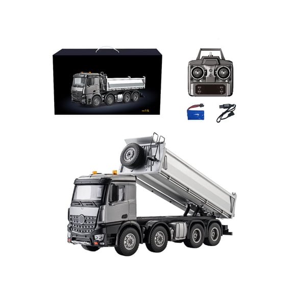 1/14 Scale RC Construction Dump Truck With Alloy Dump Bed 12CH Control LED Lights Sound Effects And Realistic Transport Functions Car Vehicle For Worksite Displays Outdoor- Silver
