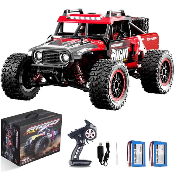 1:14 Scale RC Truck, 50 KM/H High Speed 4WD Off-Road Monster Truck with 390 Carbon Brush Motor, 2.4G Remote Control, LED Lights, Independent Suspension, Head-Up Wheel & 2 Batteries for Adults