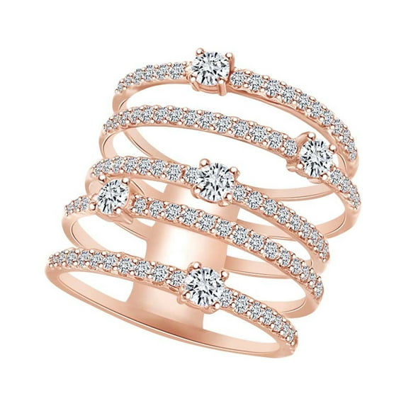 AFFY 1.15 Carat (Ctw) Round Shape White Natural Diamond Five Row Fashion Engagement Ring In 14k Rose Gold Ring Size-12.5