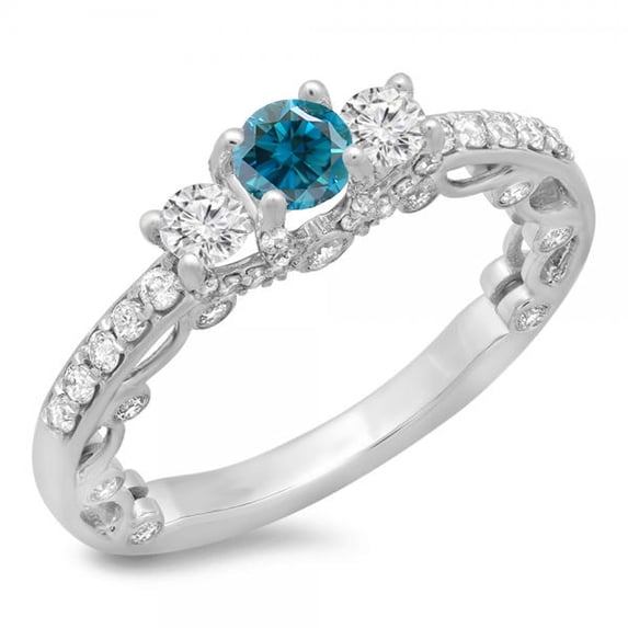 1.15 Carat (ctw) 10K White Gold Round Cut Blue & White Diamond Ladies Bridal Vintage 3 Stone Engagement Ring