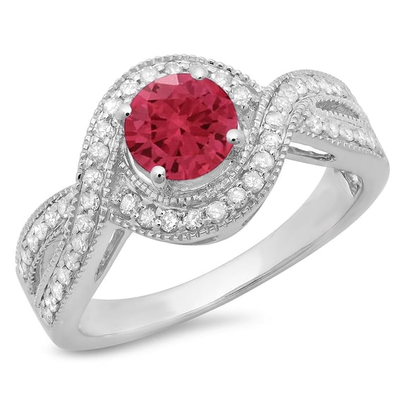 1.15 Carat (ctw) 10K White Gold Round Cut Red Ruby & White Diamond Ladies Twisted Swirl Split Shank Bridal Halo Engageme