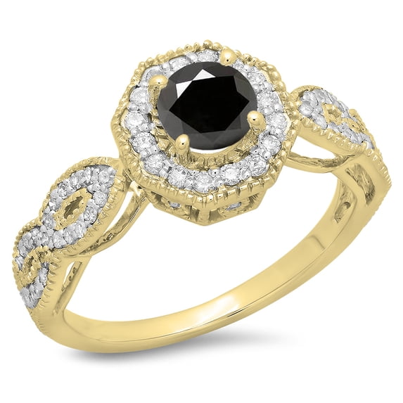 1.15 Carat (ctw) 10K Yellow Gold Round Cut Black & White Diamond Ladies Bridal Vintage Style Halo Engagement Ring