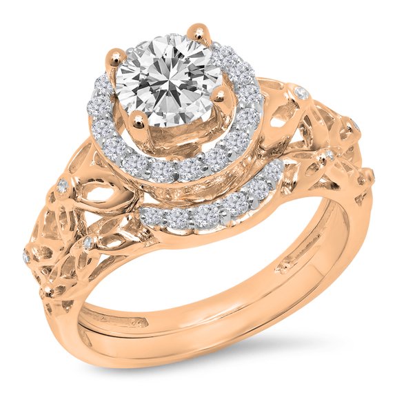 1.15 Carat (ctw) 14K Rose Gold Round White Diamond Ladies Bridal Vintage Style Halo Engagement Ring With Matching Band S