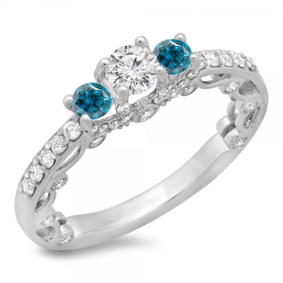 1.15 Carat (ctw) 18K White Gold Round Cut Blue & White Diamond Ladies Bridal Vintage 3 Stone Engagement Ring