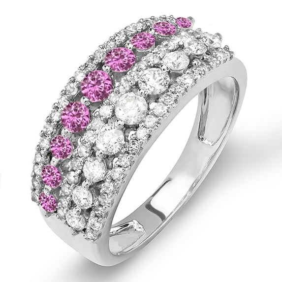 1.15 Carat (ctw) 18k White Gold Round Pink Sapphire And White Diamond Ladies Anniversary Wedding Band Ring