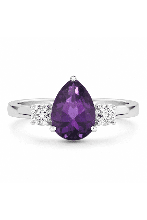 1.15 Ct Pear Purple Amethyst and Lab Diamond Prong Silver Three Stone Ring