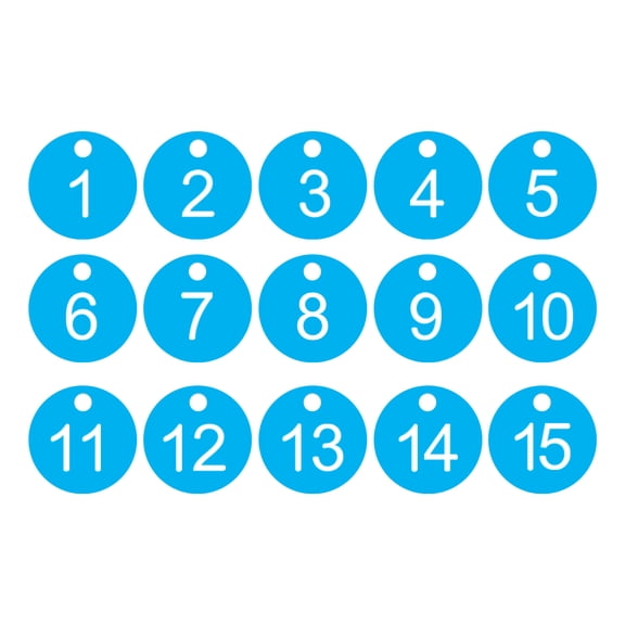 1-15 Number Tags, 15Pcs Round ID Number Key Tags Plastic Numbered Keychain for Luggage Lockers Organizer Field Sales Hangers Clothes Labels, Sky Blue-White