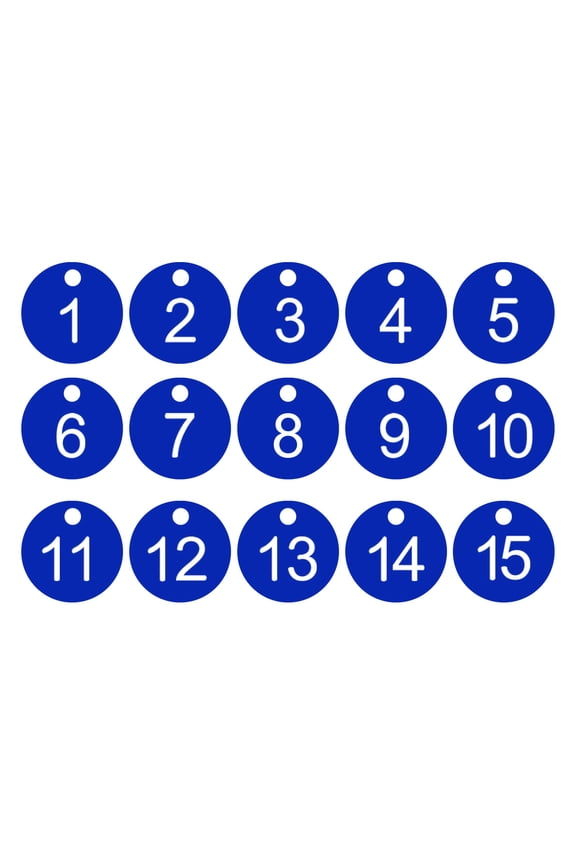 1-15 Number Tags, 15Pcs Round ID Number Key Tags Plastic Numbered Keychain for Luggage Lockers Organizer Field Sales Hangers Clothes Labels, White-Blue