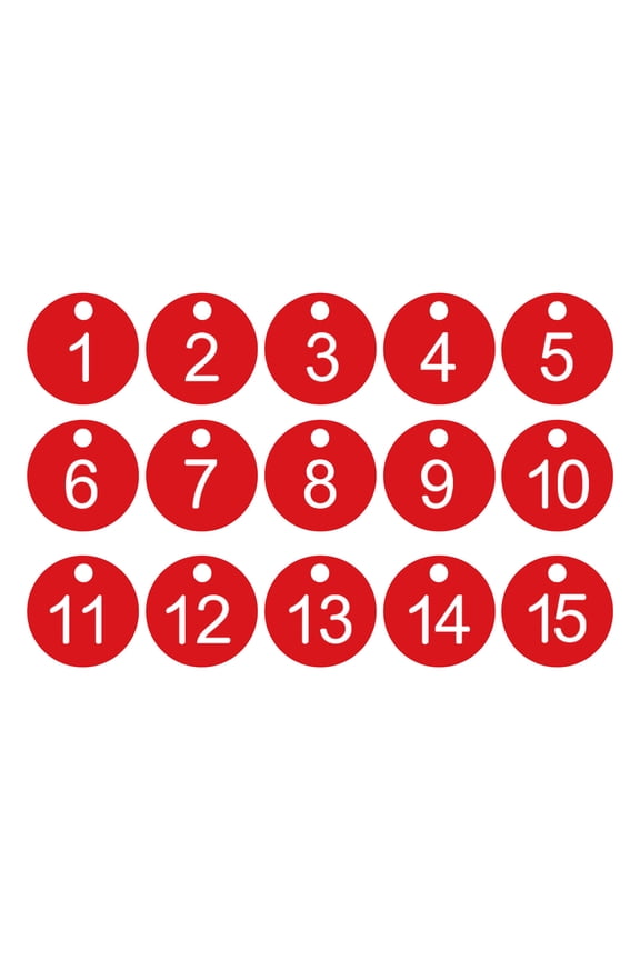 1-15 Number Tags, 15Pcs Round ID Number Key Tags Plastic Numbered Keychain for Luggage Lockers Organizer Field Sales Hangers Clothes Labels, White-Red
