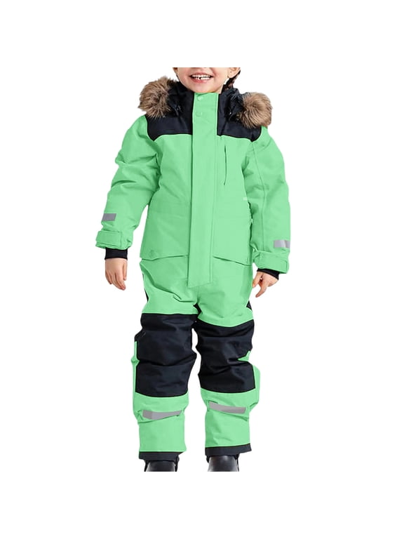1-15Years Toddler Snowsuit for Girls Boys One Piece Hood Reflective Stripes Reinforced Knees Waterproof Windproof Snow Play Outfit 1-15Years