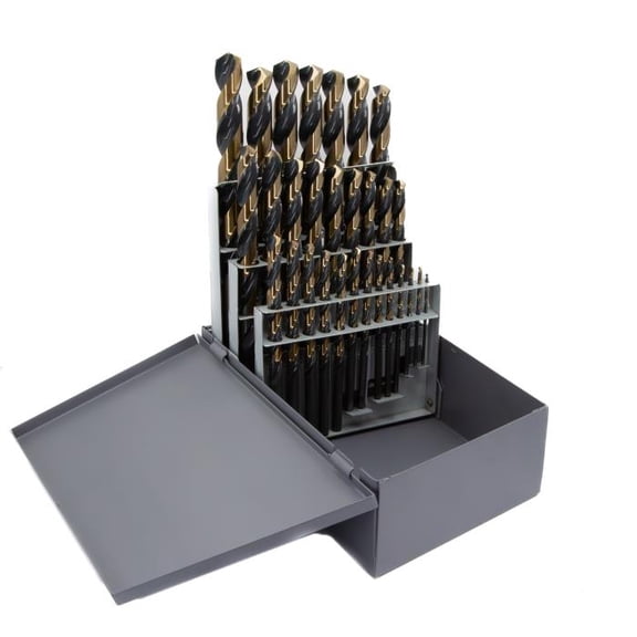 Drill America 29 Piece HSS Black & Gold KFD Split Point Mechanics Length Drill Bit Set, 1/16" - 1/2"