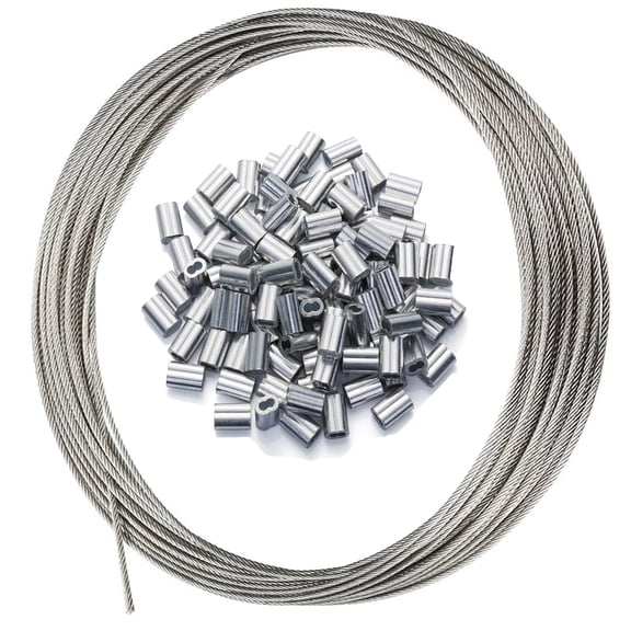 1/16" Stainless Steel Wire Rope, 100FT with 50 Crimping Sleeves, 7x7 368lbs Breaking Strength, Silver, JZ-1