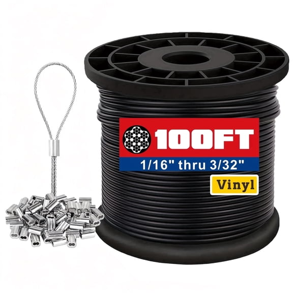 1/16 Black Wire Rope,100FT 304 Stainless Steel Overmolded to 3/32 in with Crimping Sleeves for String Light Hanging Kit, Clotheslines and Trellis Wire