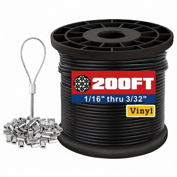 1/16 Black Wire Rope,200FT 304 Stainless Steel Overmolded to 3/32 Inch with Crimping Sleeves for String Light Hanging Kit, Clotheslines And Trellis Wire