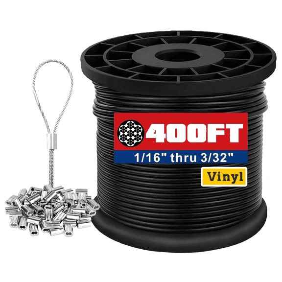 1/16 Black Wire Rope,400FT 304 Stainless Steel Overmolded to 3/32 Inch with Crimping Sleeves for String Light Hanging Kit, Clotheslines And Trellis Wire