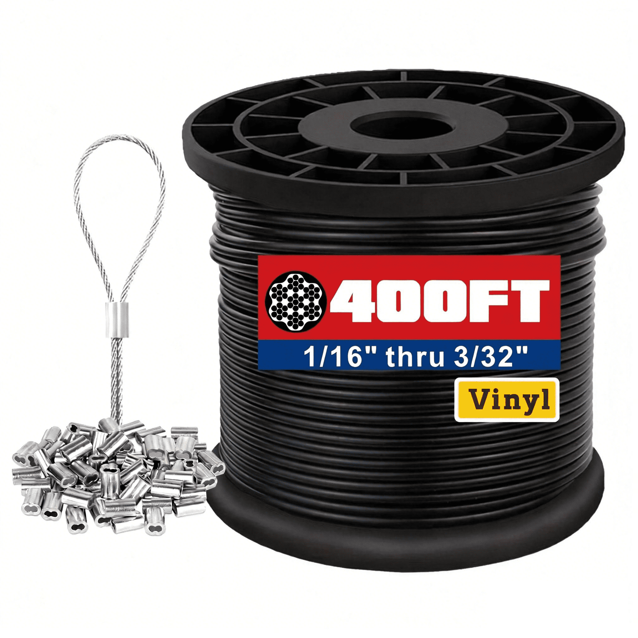 String Sleeves 1/16 Black Wire Rope,400FT 304 Stainless Steel Overmolded to 3/32 Inch ...
