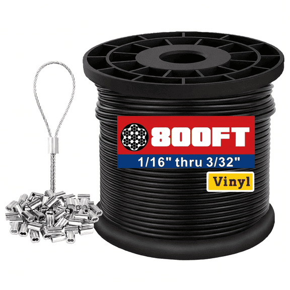 1/16 Black Wire Rope,800FT 304 Stainless Steel Overmolded to 3/32 Inch with Crimping Sleeves for String Light Hanging Kit, Clotheslines And Trellis Wire