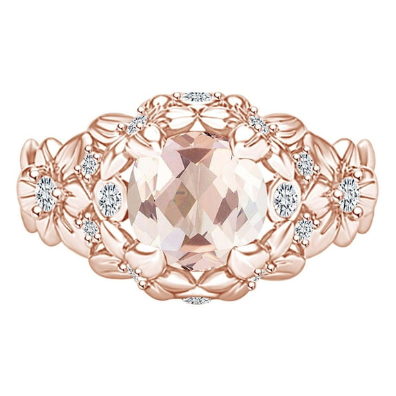 AFFY 1.16 Carat Round Shape Simulated Morganite & Natural Diamond Flower Engagament Ring 14K Solid Rose Gold Ring Size-6.5
